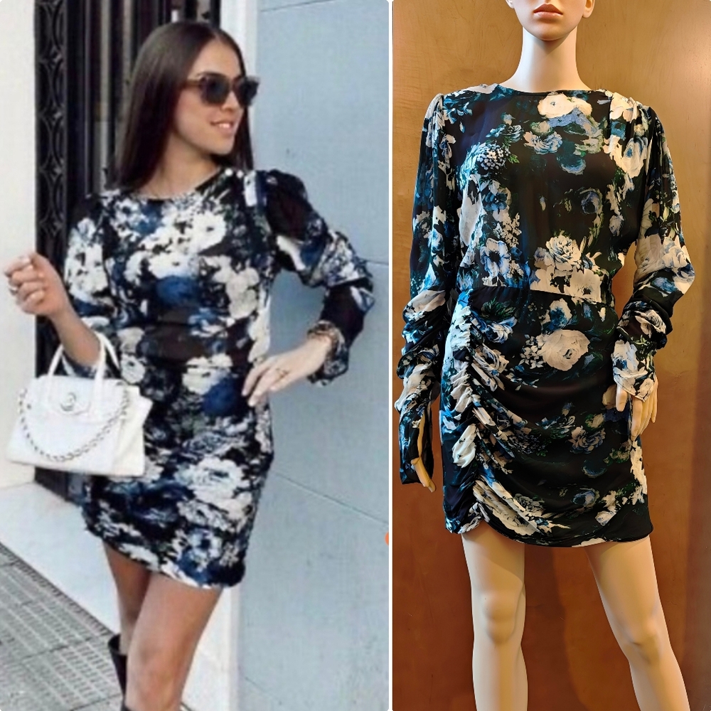 NWT ZARA BLACK / GREEN FLORAL PRINT DRESS